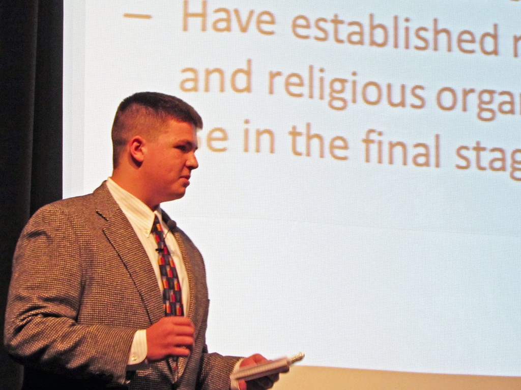 Nic Brownrigg, president and founder of The Manasi Project, gives his presentation to a local investor panel in Castle Rock, Colorado ion April, 2014.